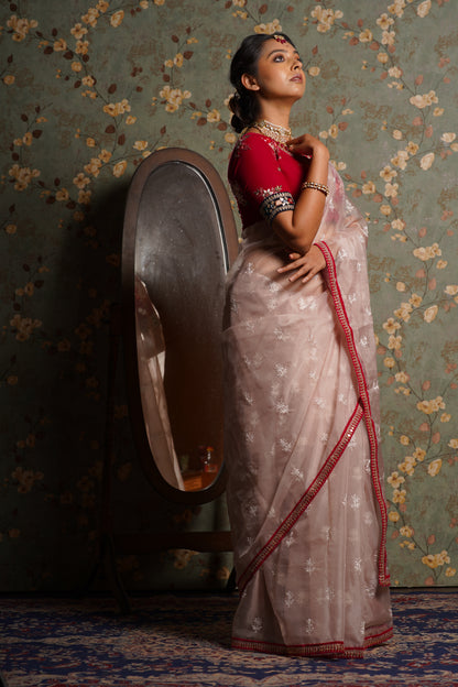 Blush Pink Organza Saree with Rani Pink Border