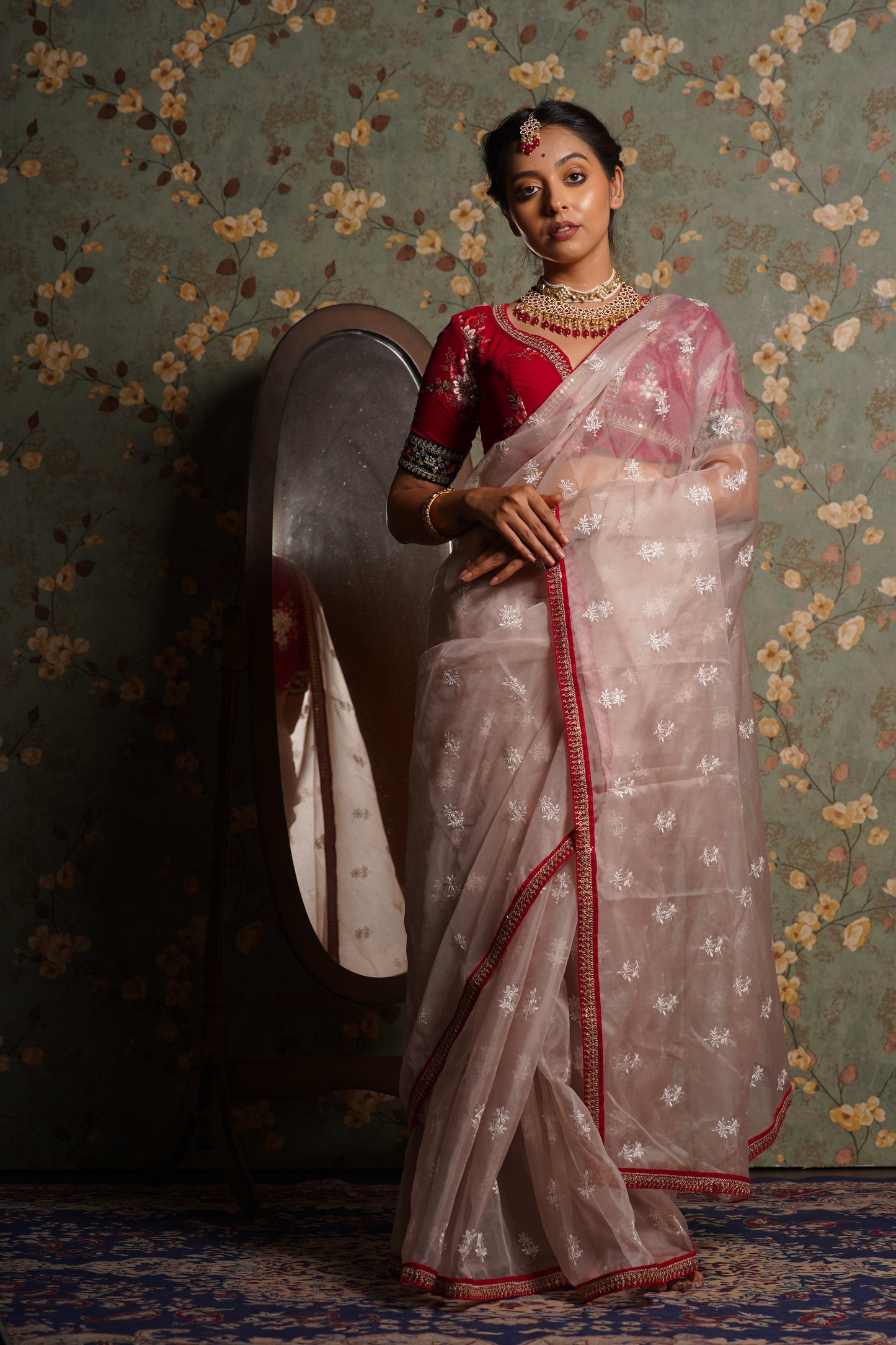 Blush Pink Organza Saree with Rani Pink Border