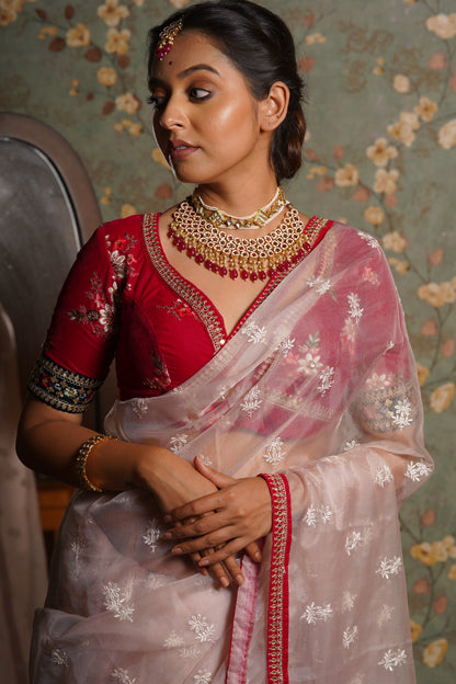 Blush Pink Organza Saree with Rani Pink Border