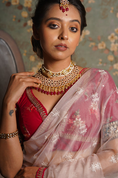 Blush Pink Organza Saree with Rani Pink Border