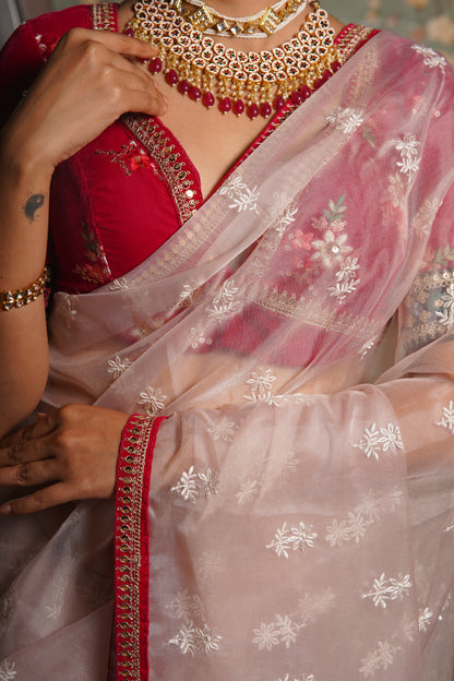 Blush Pink Organza Saree with Rani Pink Border