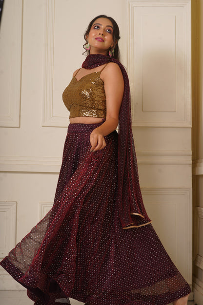 Maroon Wine Cocktail Flared Lehenga Set