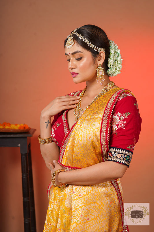 Yellow Banarasi Kataan Bridal Saree