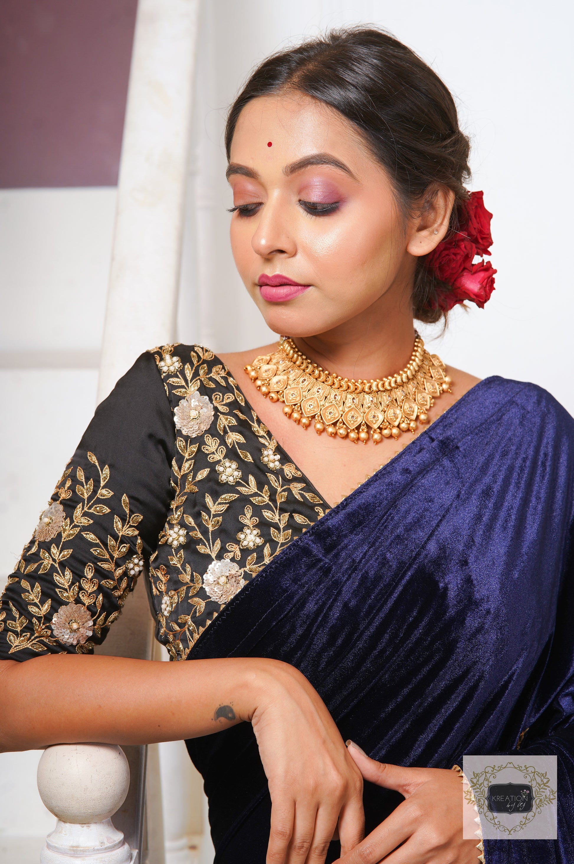 Navy Blue Satin Silk Taj Mahal Saree – kreationbykj