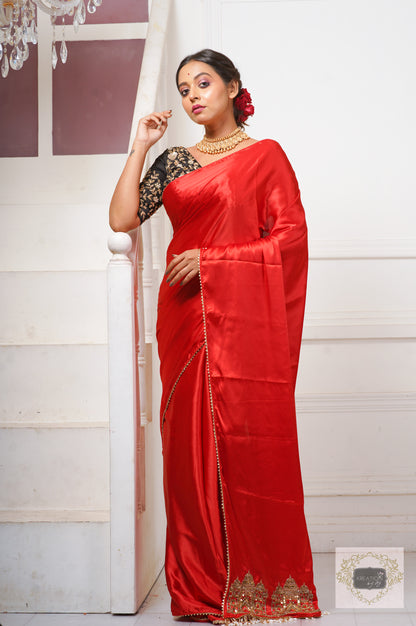 Red Satin Silk Taj Mahal Saree