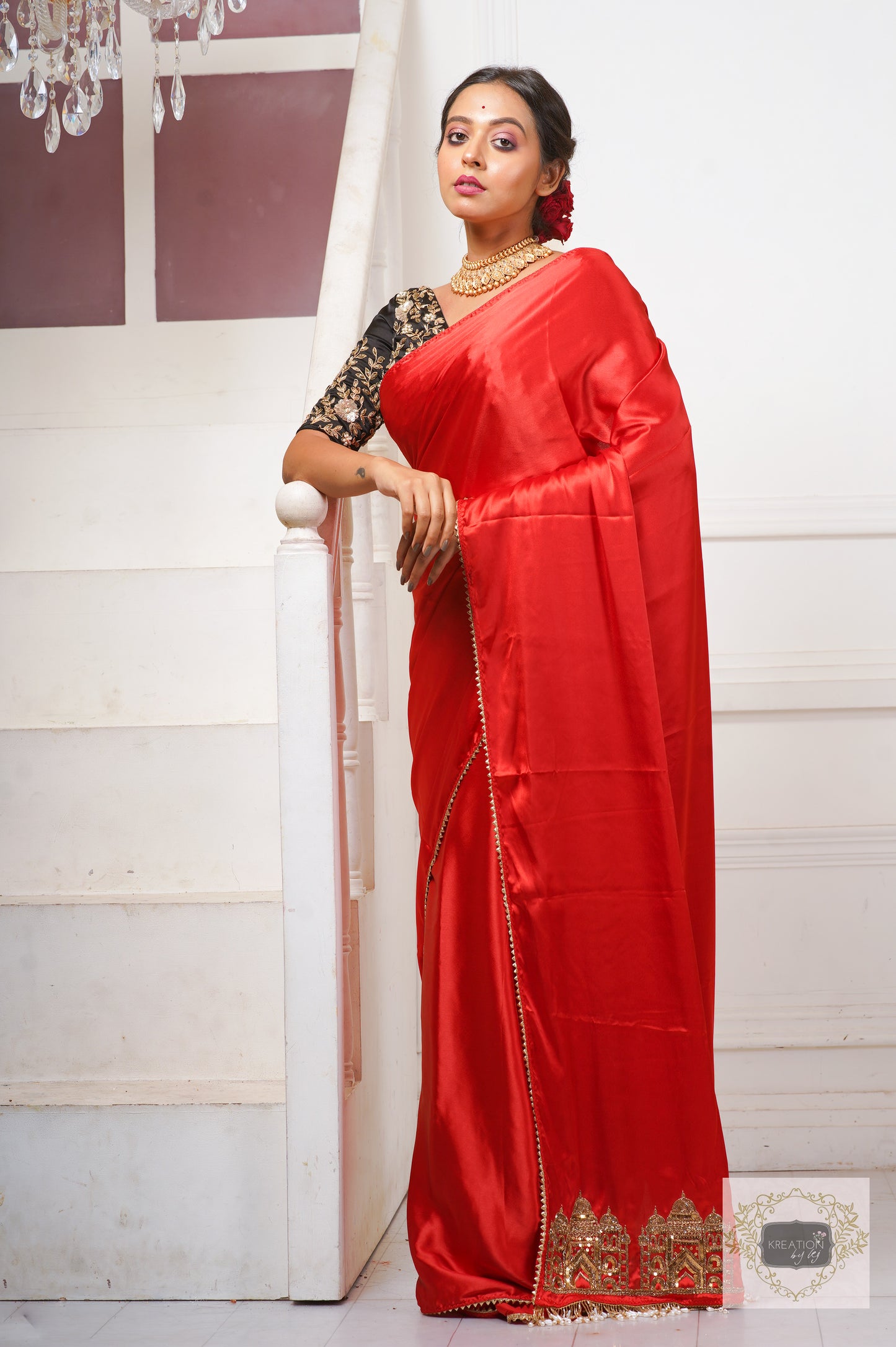 Red Satin Silk Taj Mahal Saree