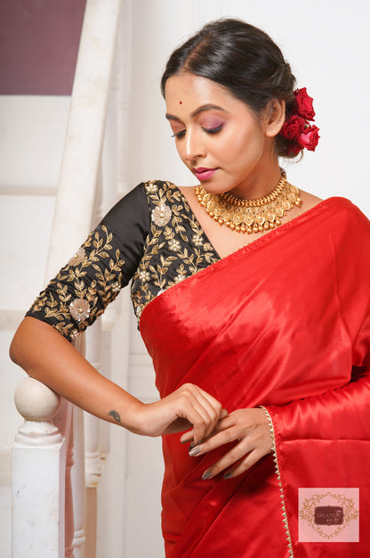 Red Satin Silk Taj Mahal Saree