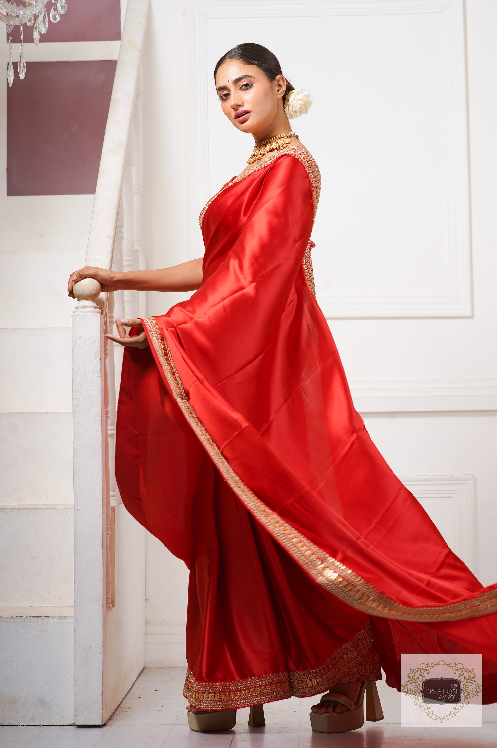 Red modal satin saree set - QUENCH A THIRST - 4252605