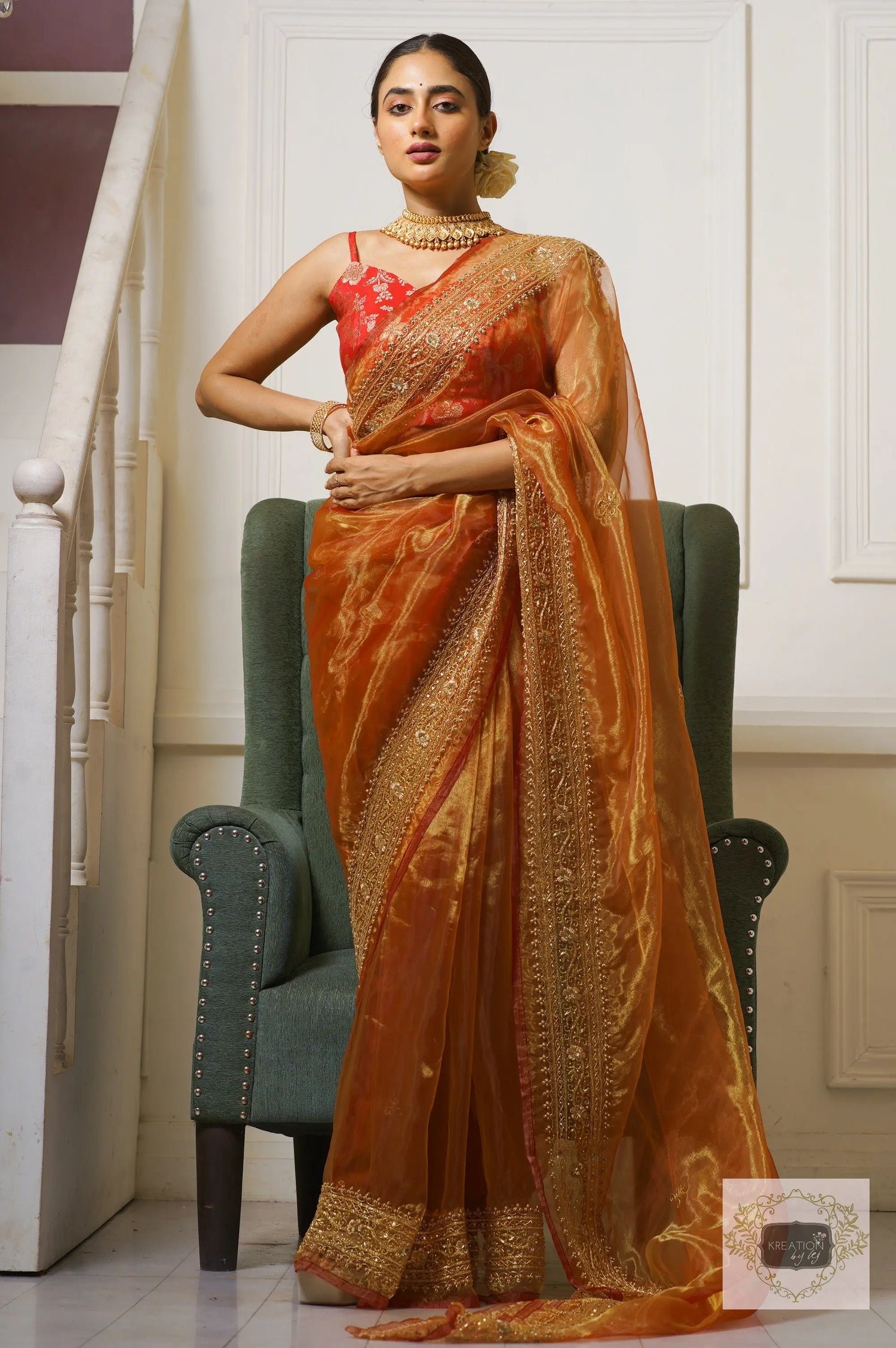 Liquid Gold Glass Tissue Zarina Saree kreationbykj