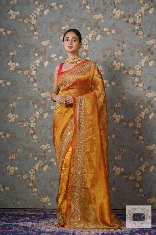 Fiery Gold Zari Tissue Zarina Saree kreationbykj