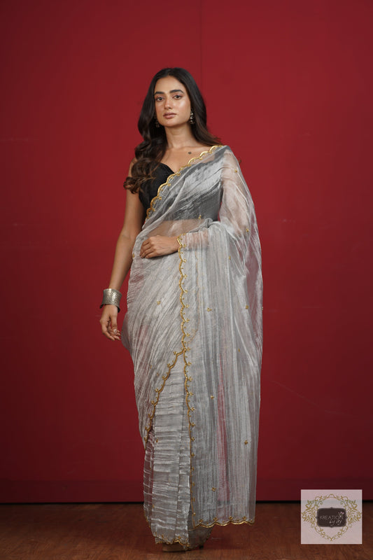 Silver Tissue Sequin Piyali Saree kreationbykj