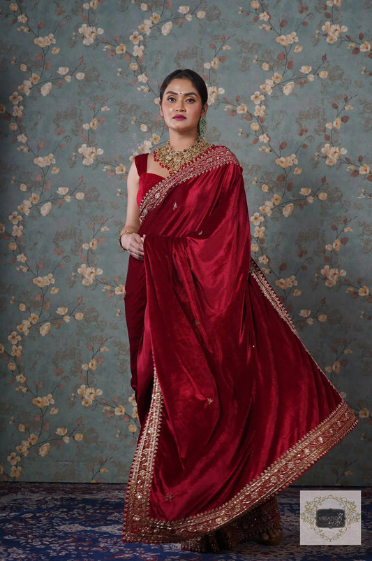 Maroon Velvet Zarina Saree-Wedding Sarees, Bridal Fashion kreationbykj