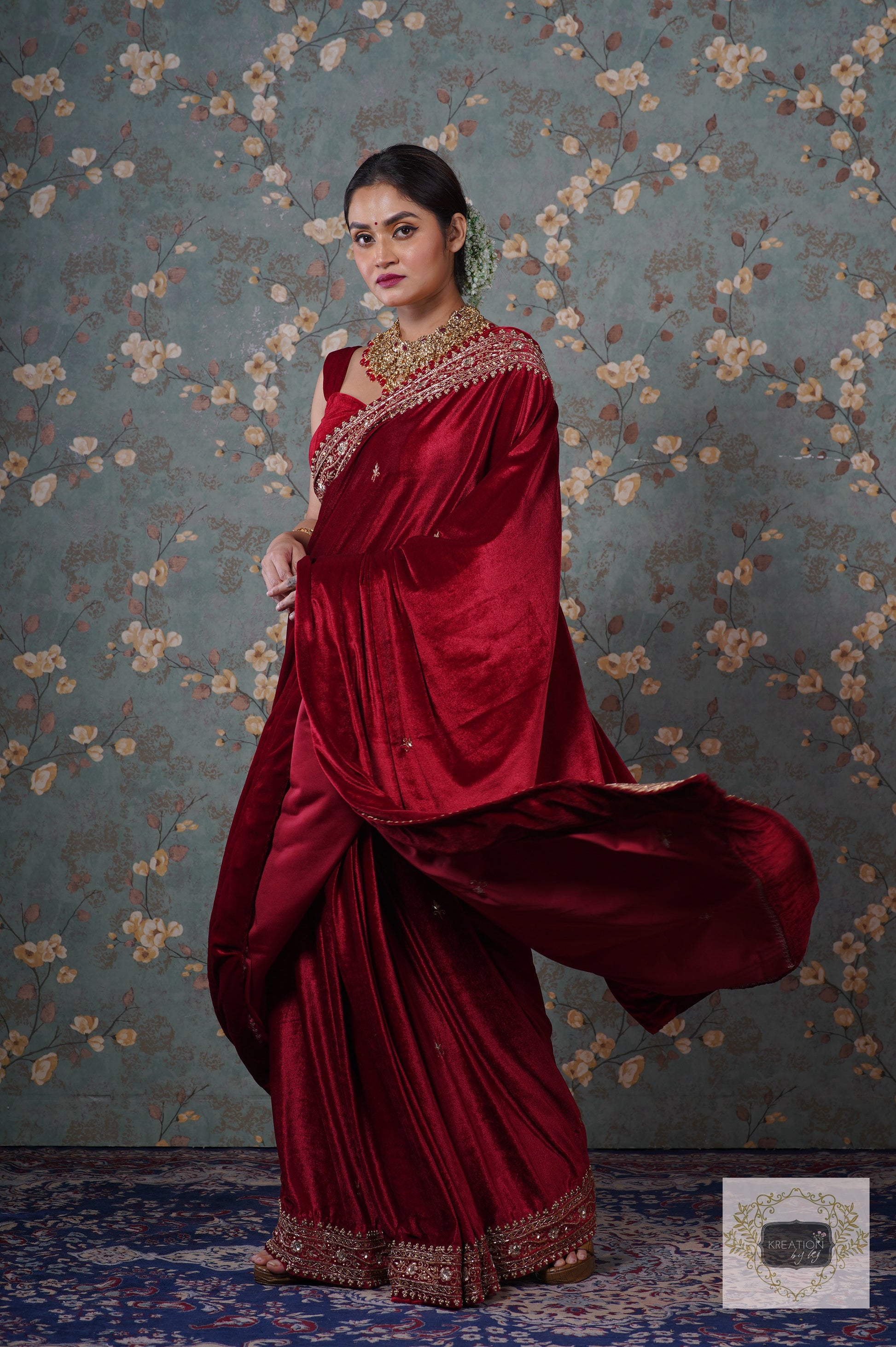 Shop Maroon and Golden Fancy Ruffle Sari Online in USA| Golden Blouse –  Pure Elegance