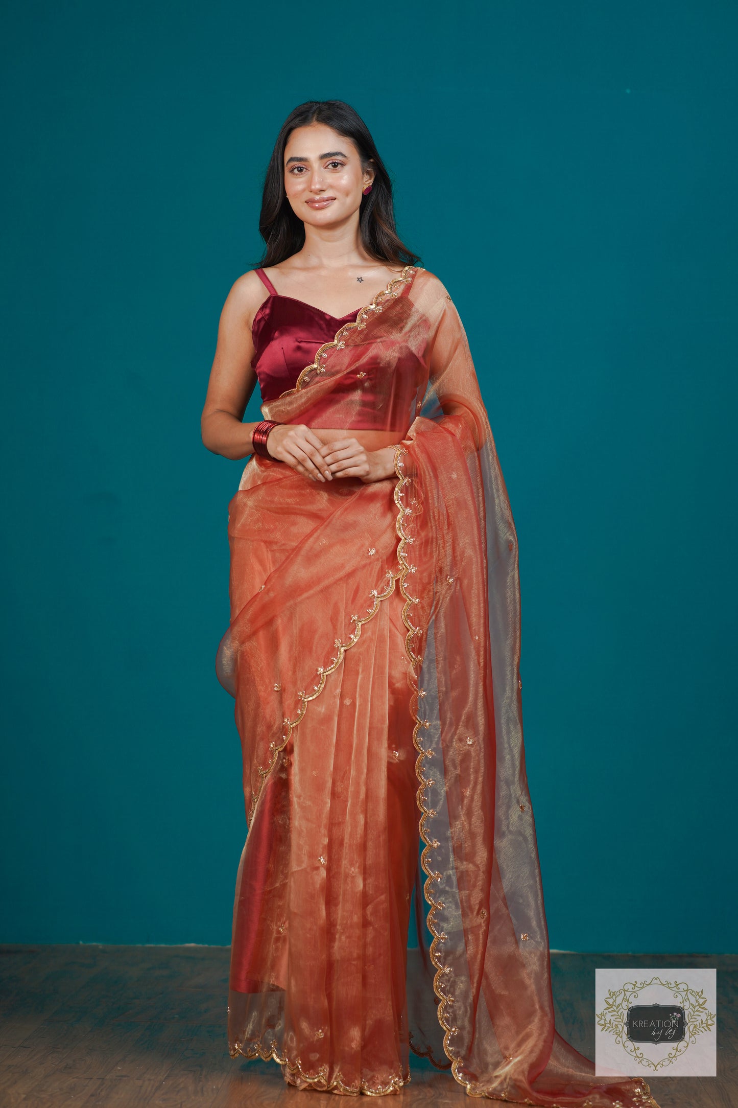 Marigold Glass Tissue Sequins Piyali Saree