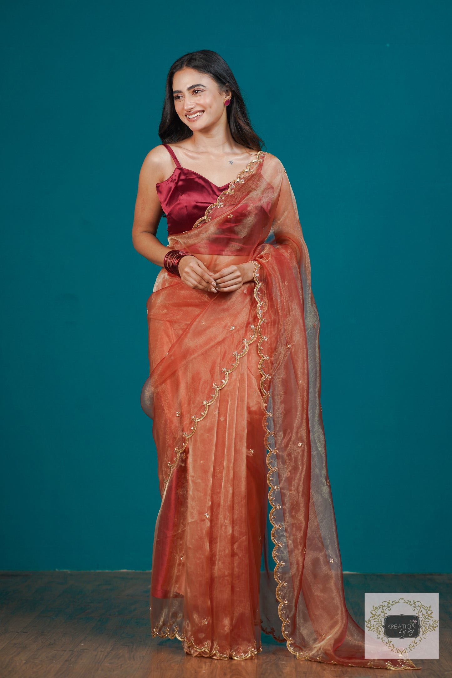 Marigold Glass Tissue Sequins Piyali Saree