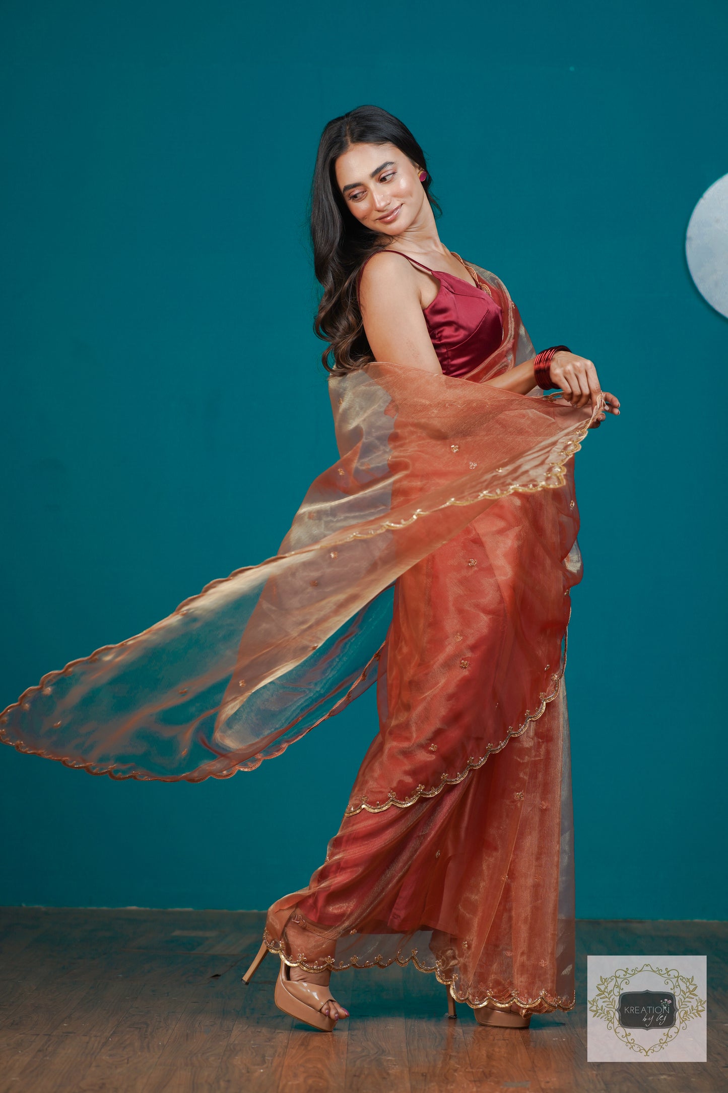 Marigold Glass Tissue Sequins Piyali Saree