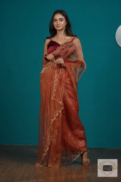 Marigold Glass Tissue Sequins Piyali Saree