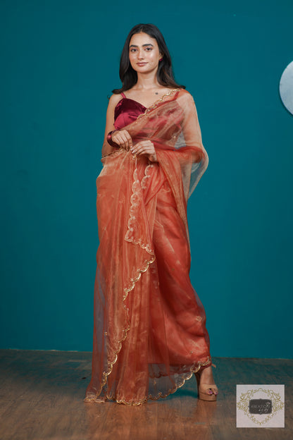 Marigold Glass Tissue Sequins Piyali Saree