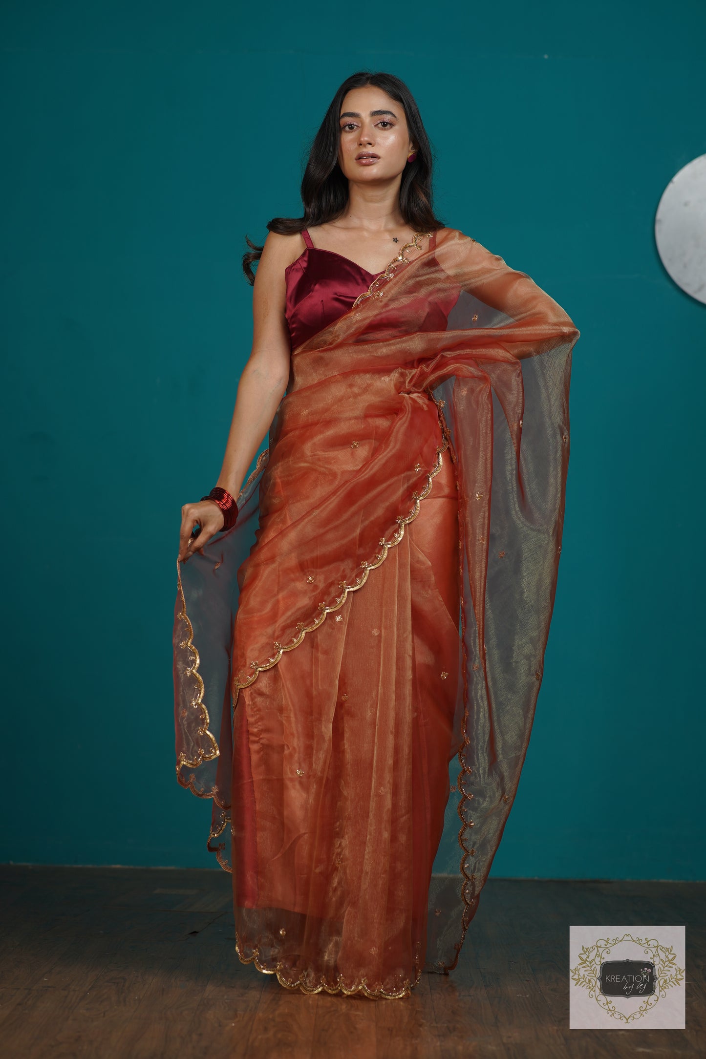 Marigold Glass Tissue Sequins Piyali Saree