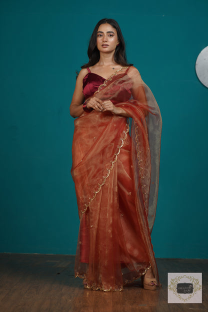 Marigold Glass Tissue Sequins Piyali Saree