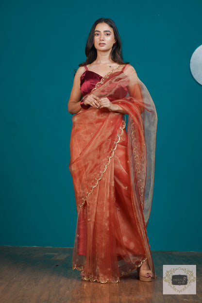 Marigold Glass Tissue Sequins Piyali Saree