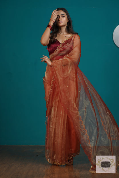 Marigold Glass Tissue Sequins Piyali Saree