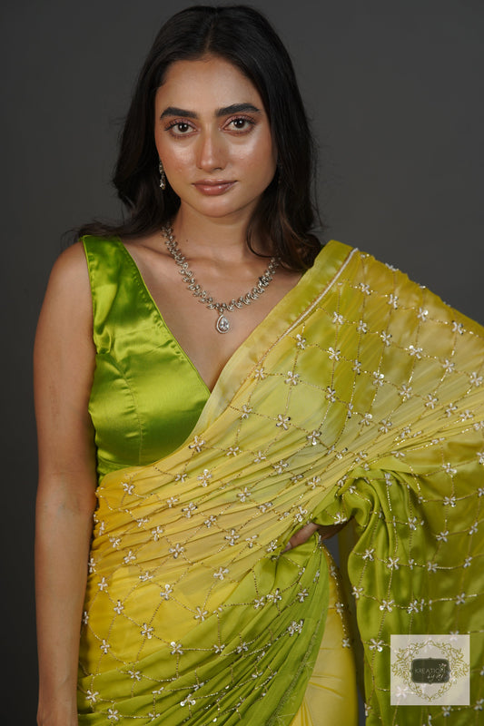 Mango Bite Ombre Cutdana Jaal Saree kreationbykj