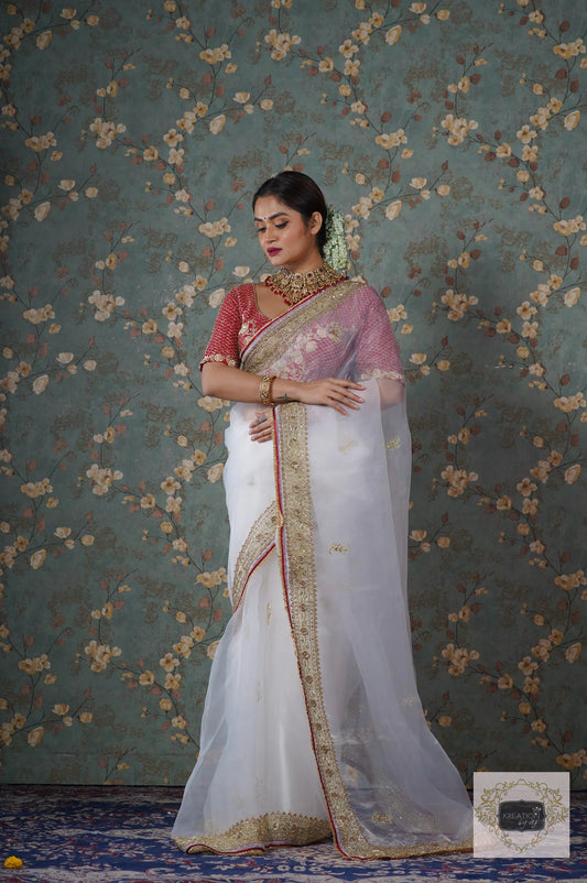 White Organza Zarina Saree kreationbykj