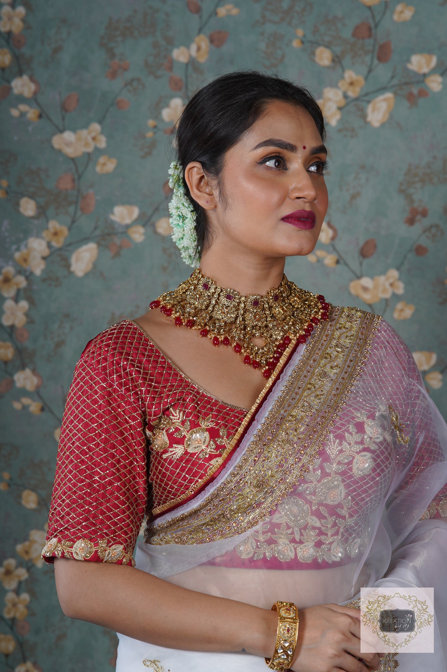 Red Floral Bridal Cutdana Jaal Blouse Piece