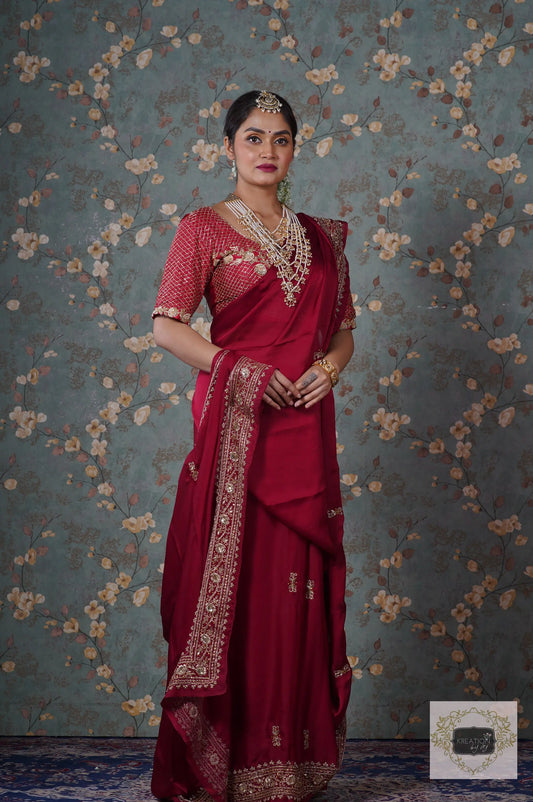 Zarina Maroon Crepe Silk Saree kreationbykj
