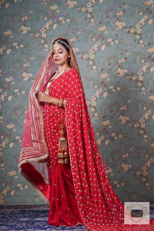 Red Georgette Mehraab Jaal Saree kreationbykj