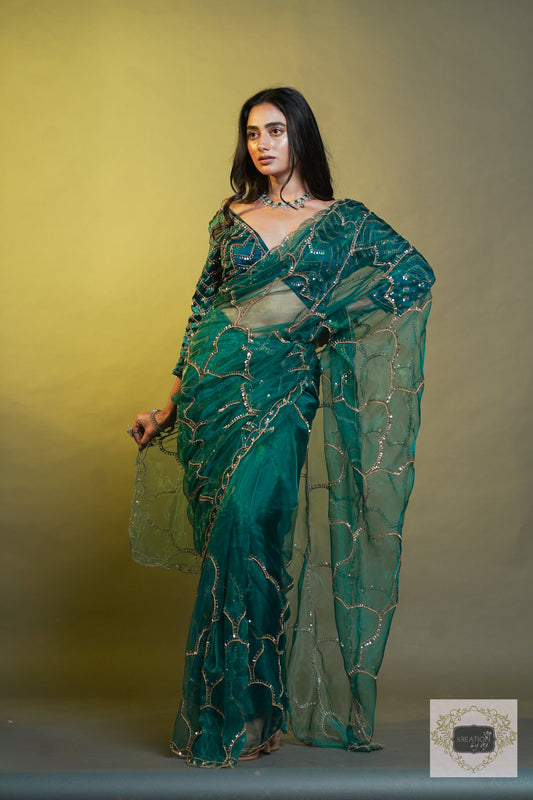 Chaudhvin ka Chand Teal Blue Saree kreationbykj