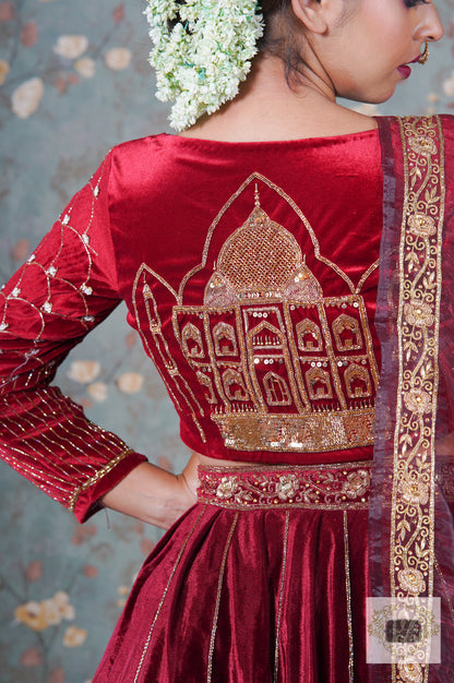 Burgundy Velvet Taj Mahal Lehenga Set