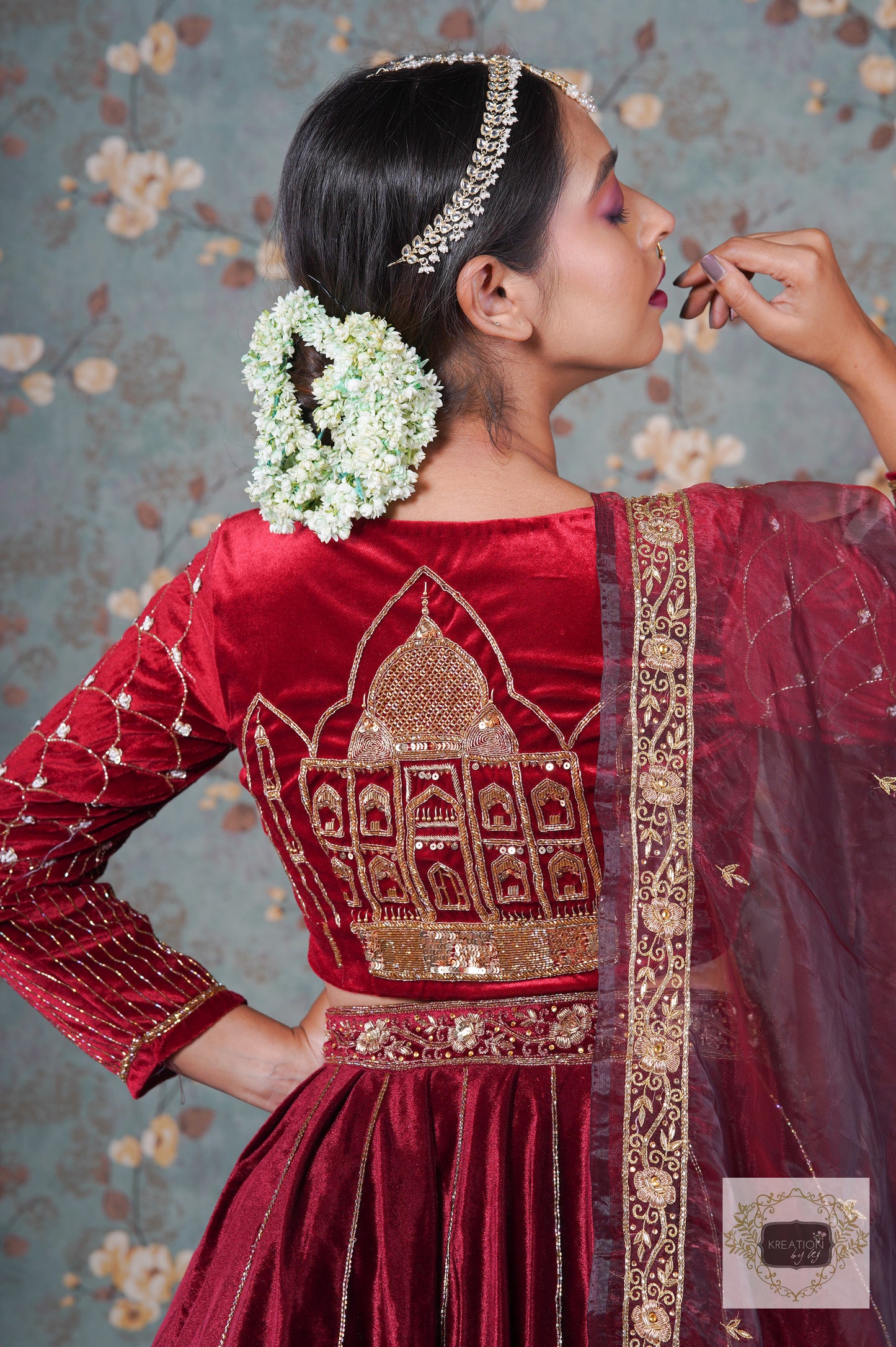 Maroon Velvet Taj Mahal Accent Blouse Piece