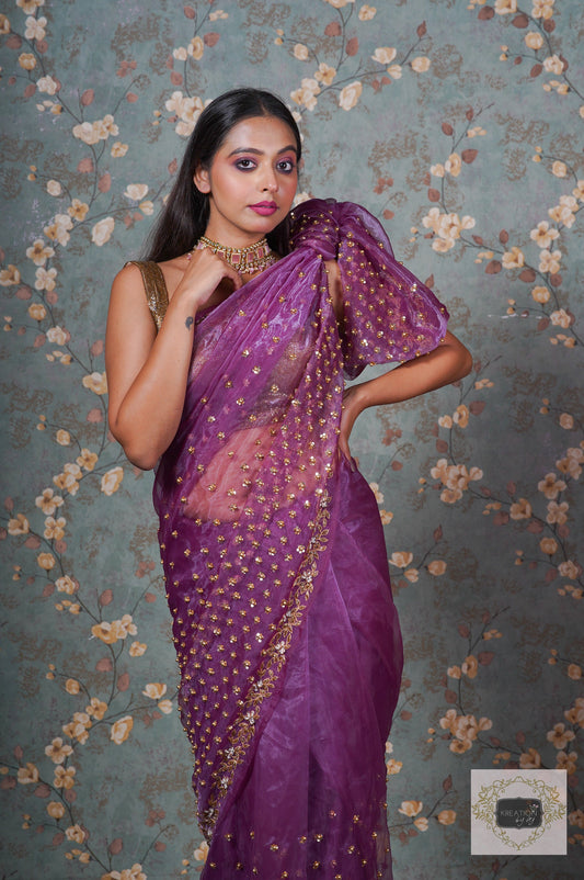 Purple Glass Tissue Badan Pe Sitare Saree kreationbykj