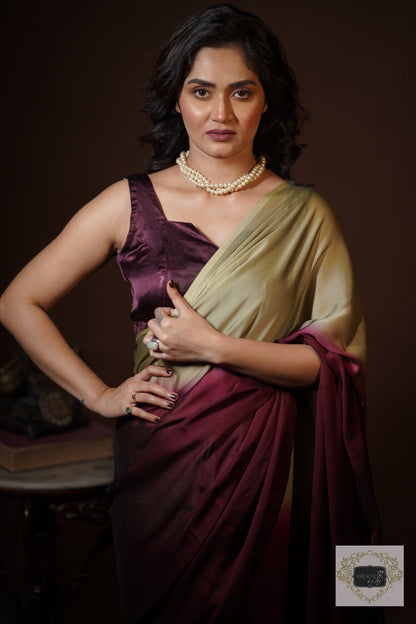 Wine- Olive Georgette Ombré Saree