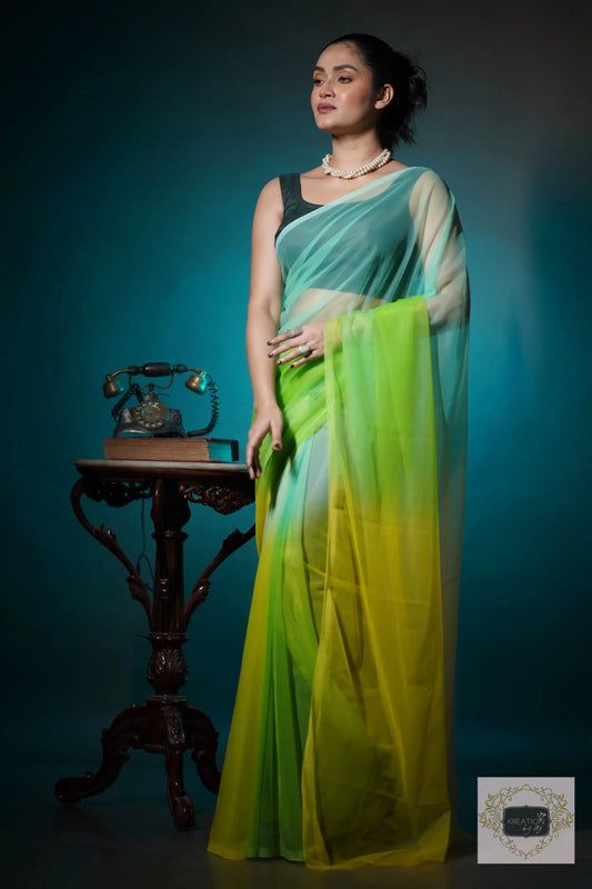 Gold Mimosa Ombré Net Saree for Farewell kreationbykj