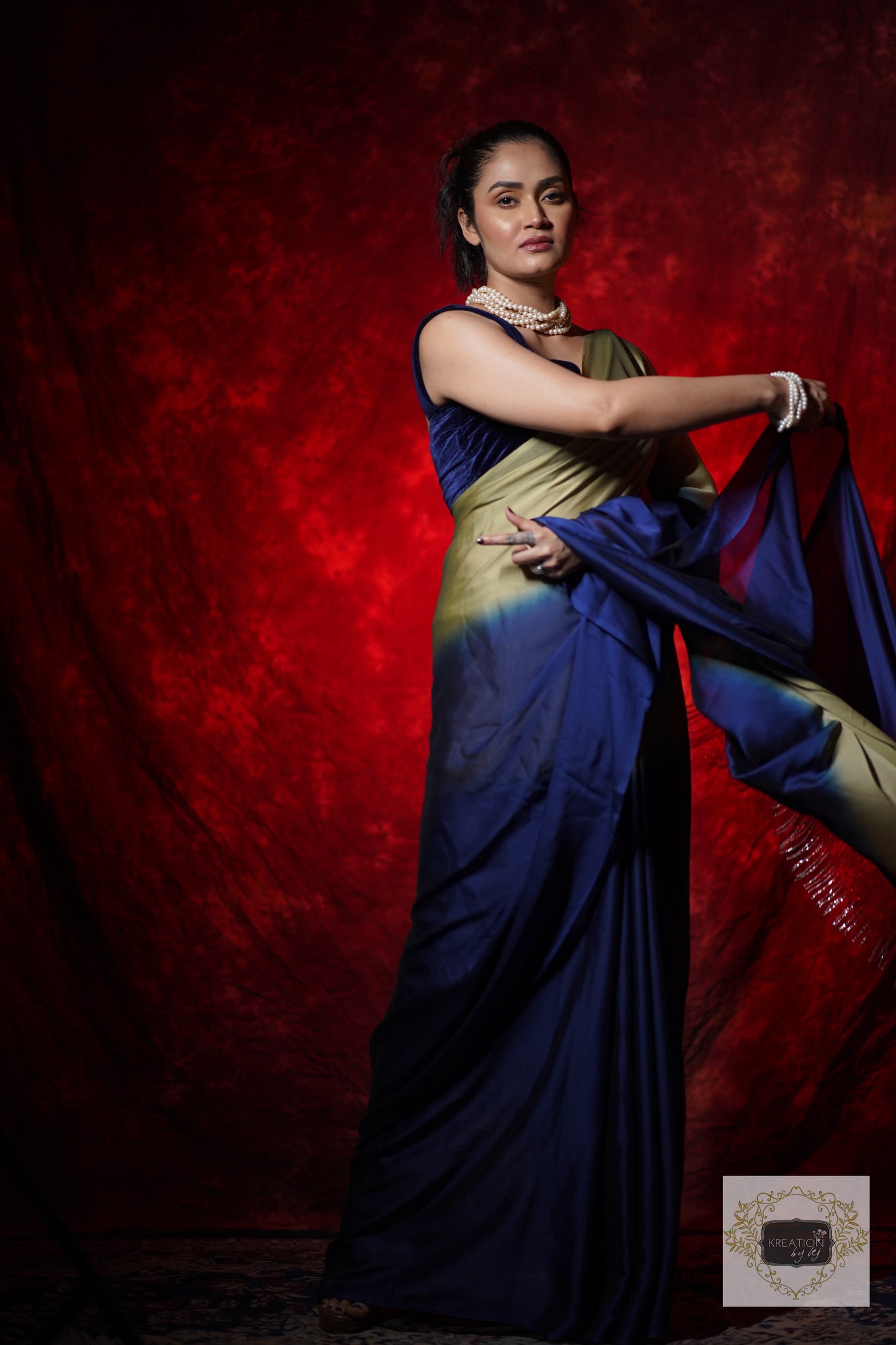 Navy Blue-Olive Georgette Ombre Saree