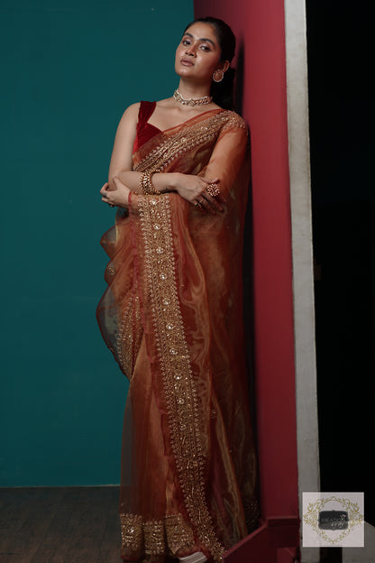 Auburn Glass Tissue Zarina Saree