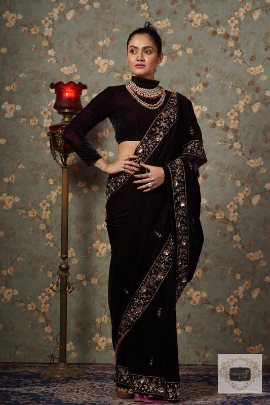 Dark Wine Velvet Anaya Saree kreationbykj