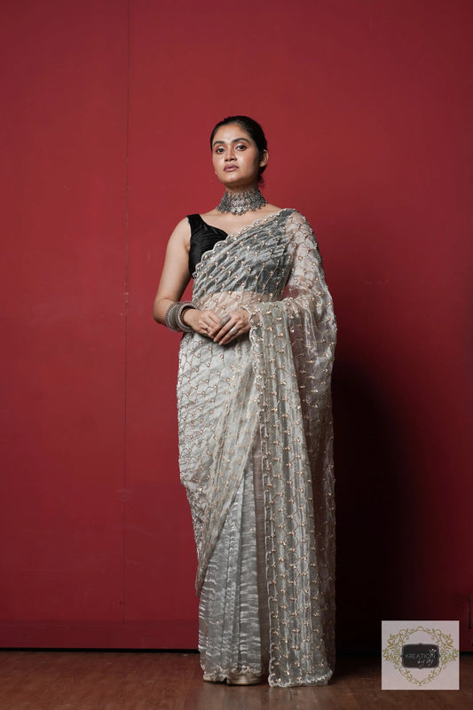 Silver Tissue Mehraab Jaal Saree