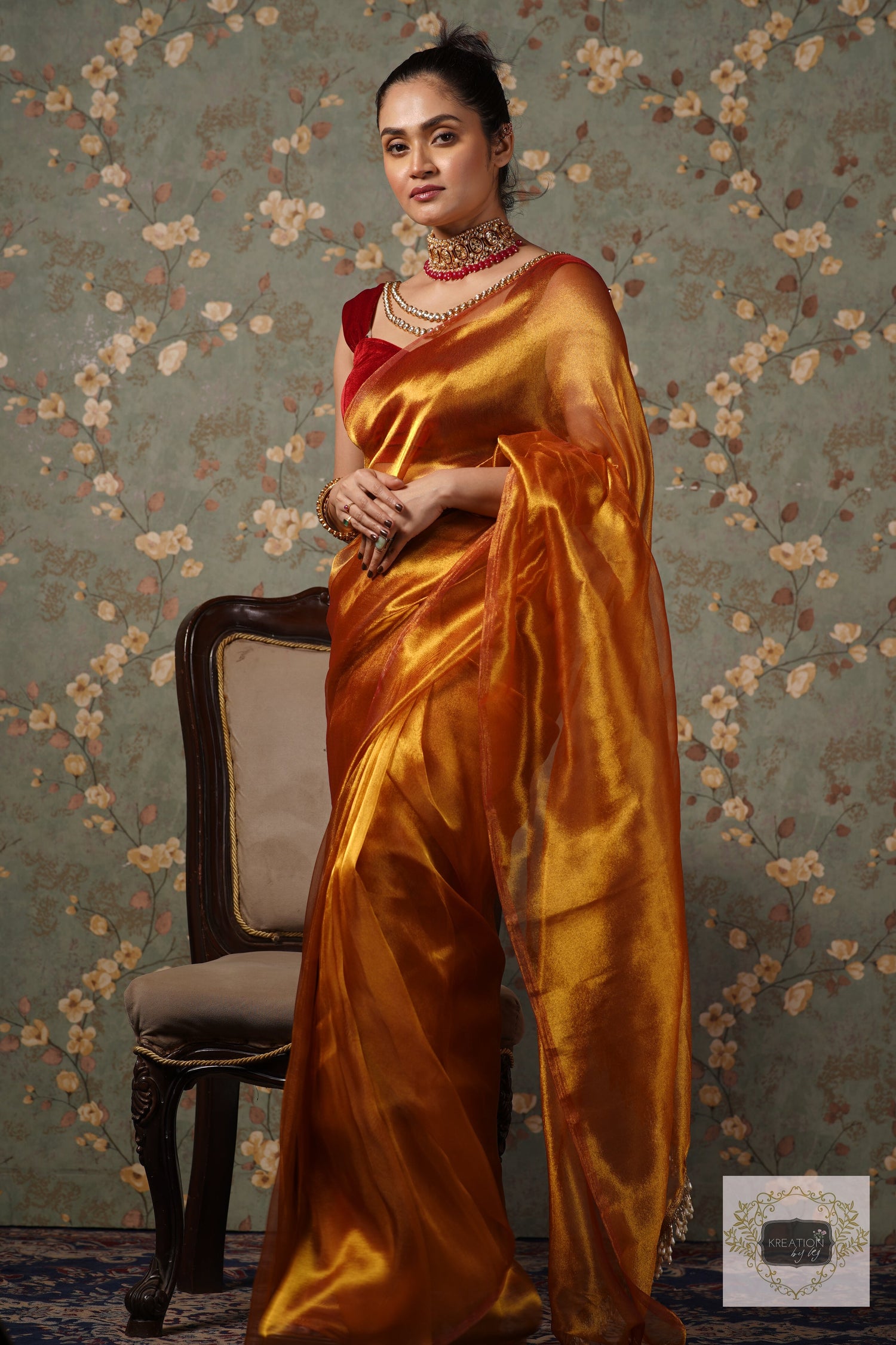 Golden Zari Tissue Saree With Handmade Tassels On Pallu kreationbykj