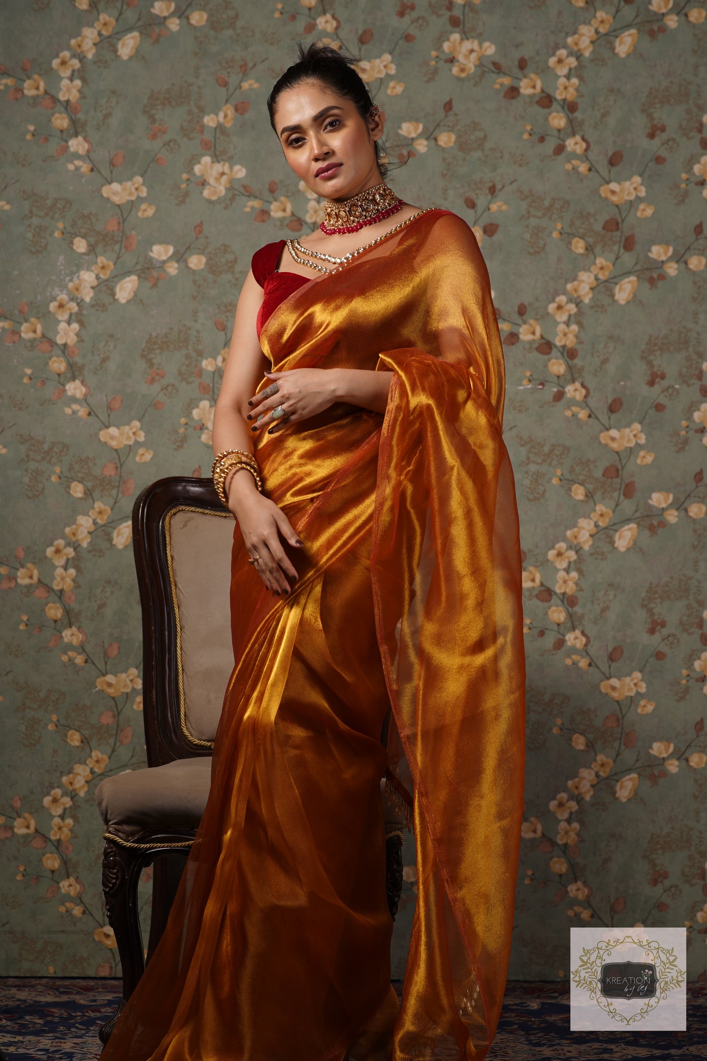 Golden Zari Tissue Saree With Handmade Tassels On Pallu