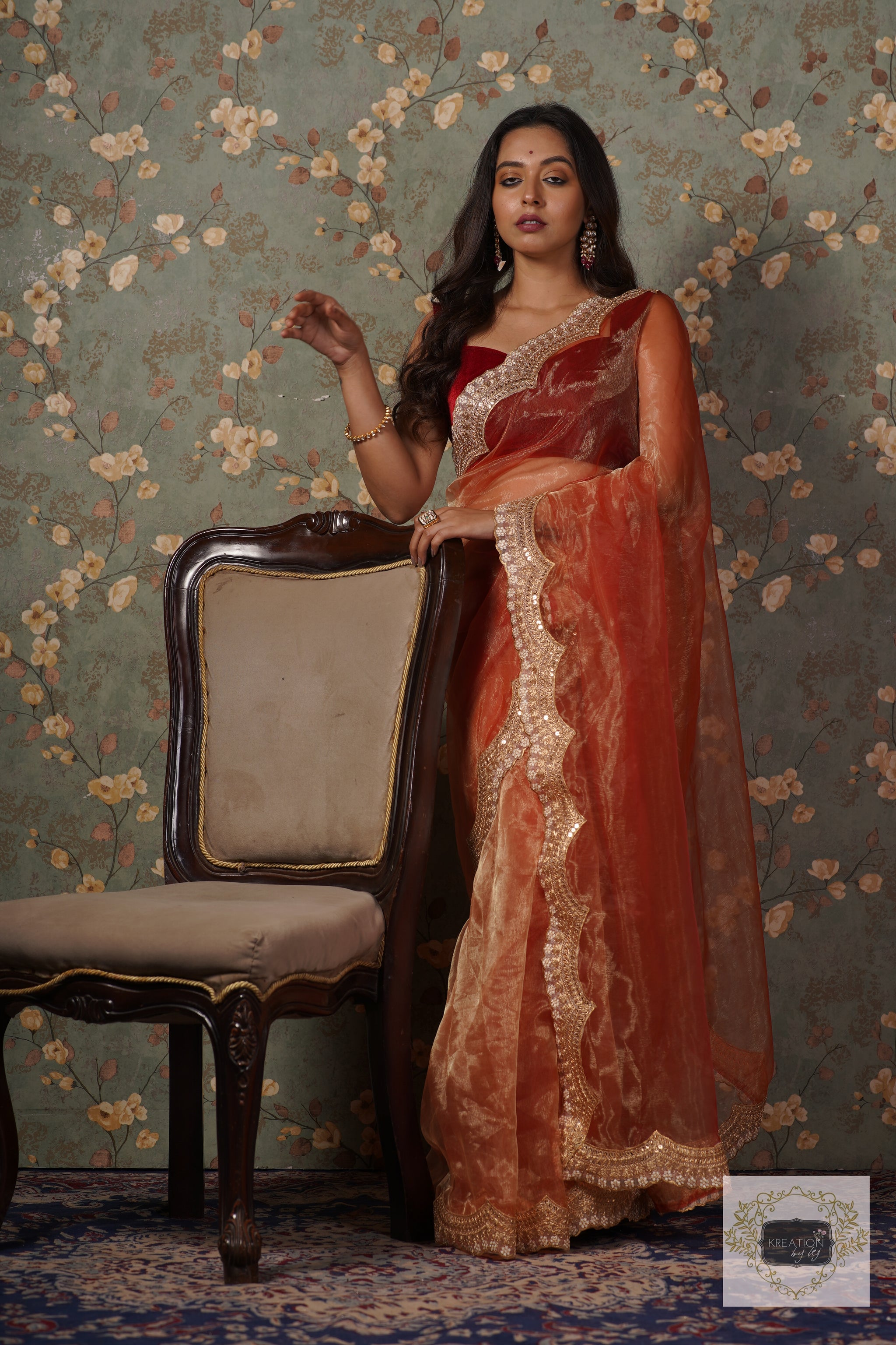 Peach Glass Tissue Saree With Cutdana And Beads Scallop Border main image 0