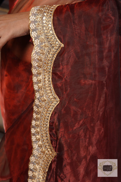 Maroon Glass Tissue with Golden  Border Saree