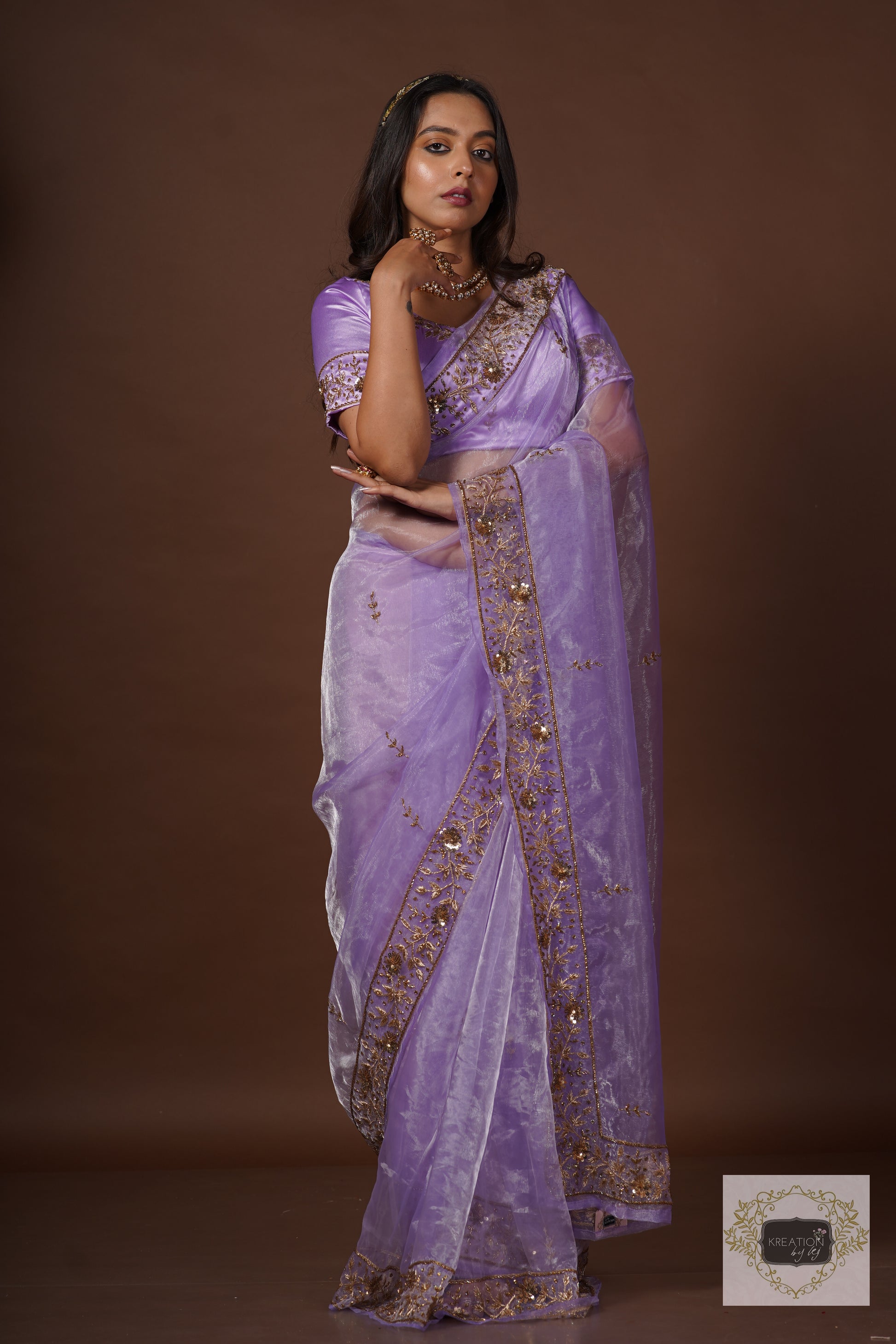 Indi Lux Lavender Organza heavy mirror work saree with unstitched blou –  Indi Ethnics