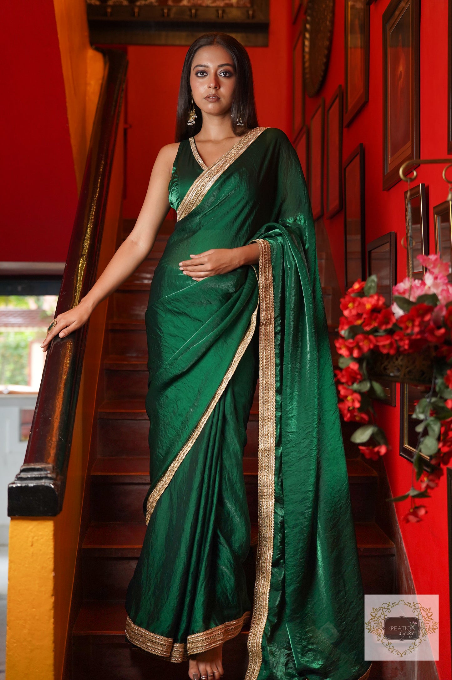 Dark Green Shimmer Satin Cocktail Saree