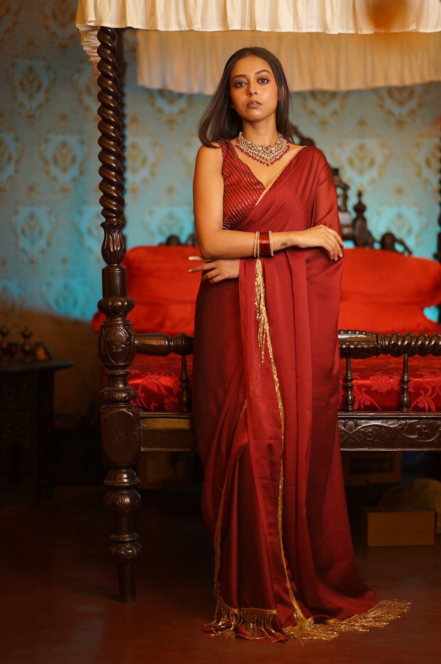 Maroon Charm Tassles Cocktail Saree