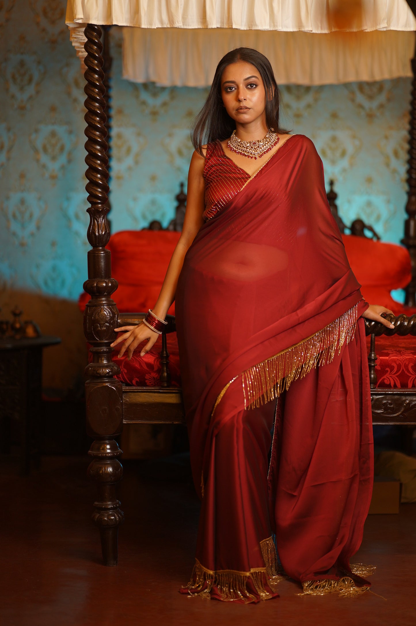 Maroon Charm Tassles Cocktail Saree