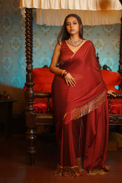 Maroon Charm Tassles Cocktail Saree